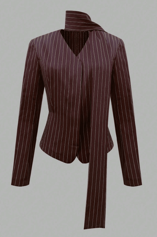 Women's Striped Tie Neck Blazer Elegant V-Neck Long Sleeve Office & Smart Casual Jacket - Edin London