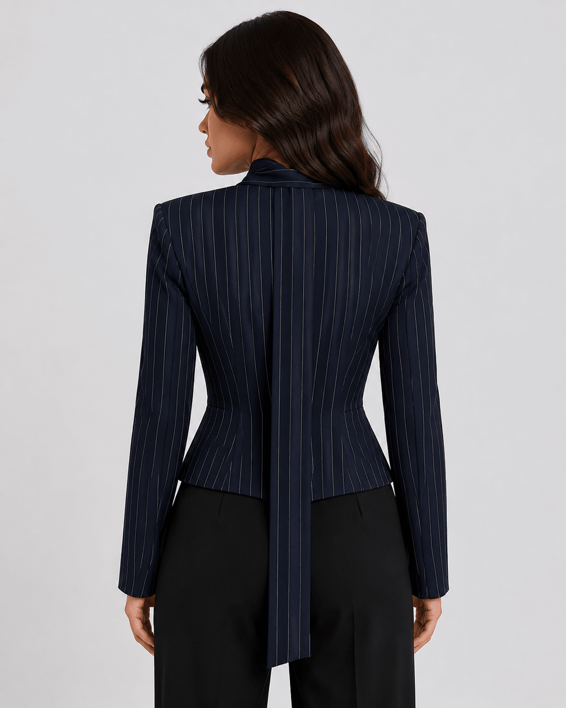 Women's Striped Tie Neck Blazer Elegant V-Neck Long Sleeve Office & Smart Casual Jacket - Edin London