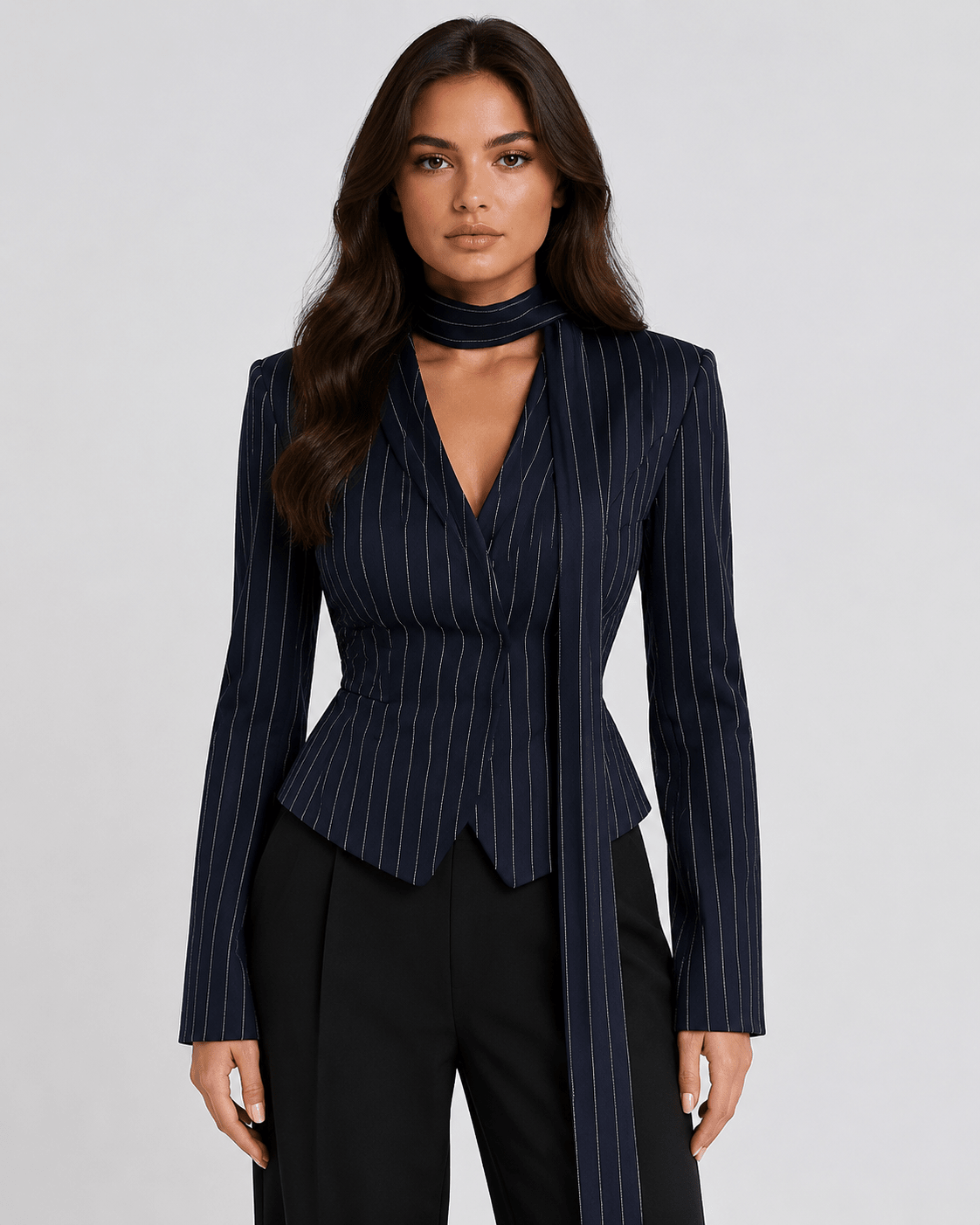 Women's Striped Tie Neck Blazer Elegant V-Neck Long Sleeve Office & Smart Casual Jacket - Edin London