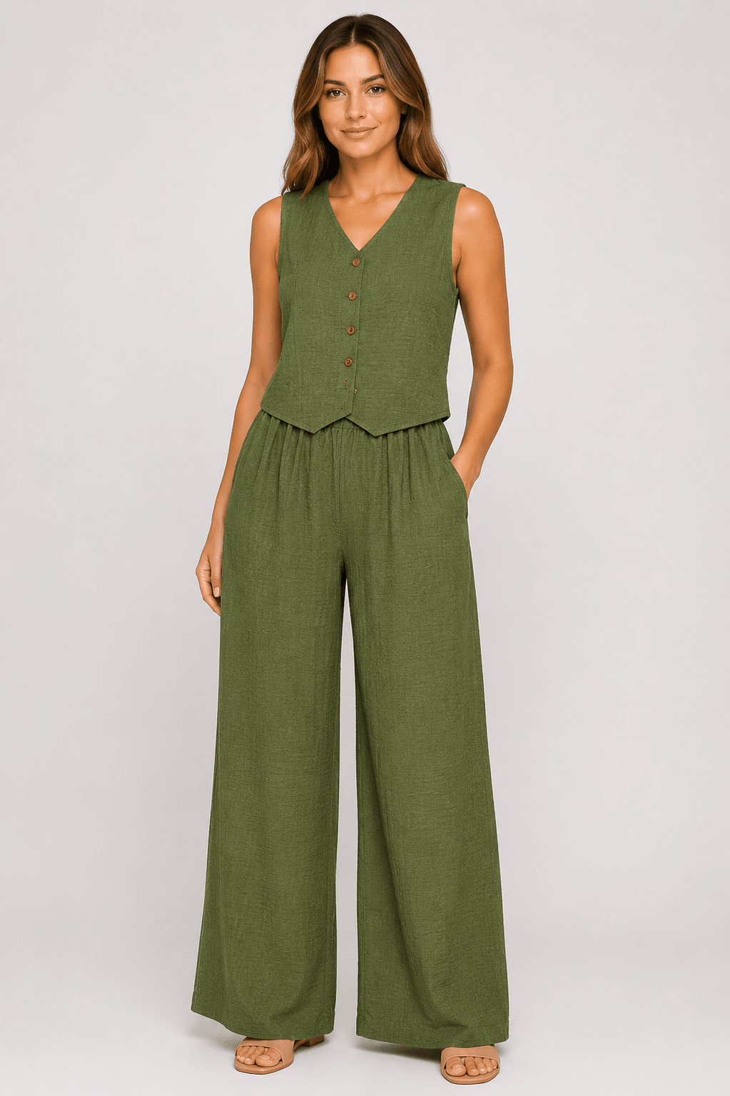Women's Textured Button Camisole & Wide Leg Trousers Co-Ord Set Casual Two Piece Outfit - Edin London