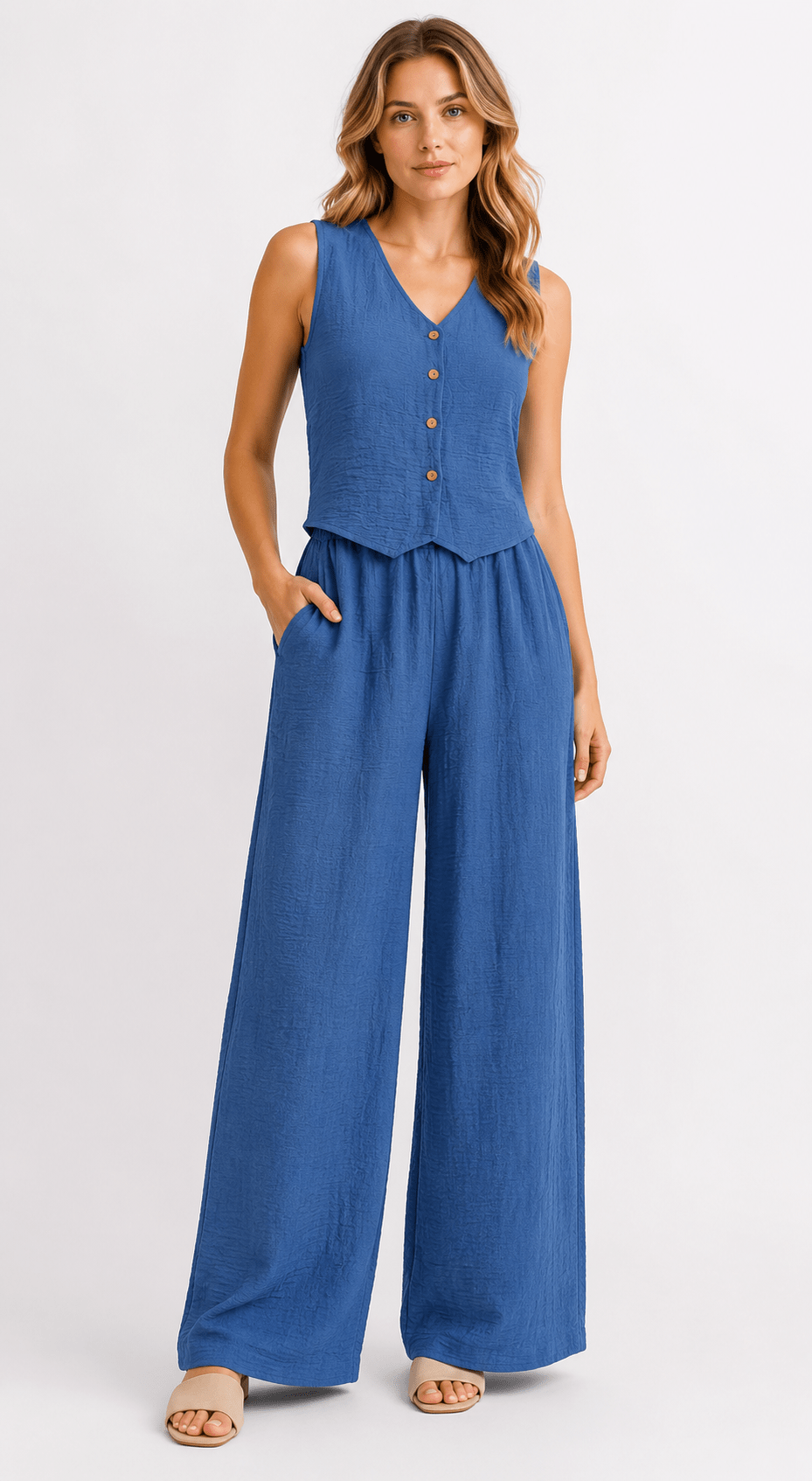 Women's Textured Button Camisole & Wide Leg Trousers Co-Ord Set Casual Two Piece Outfit - Edin London