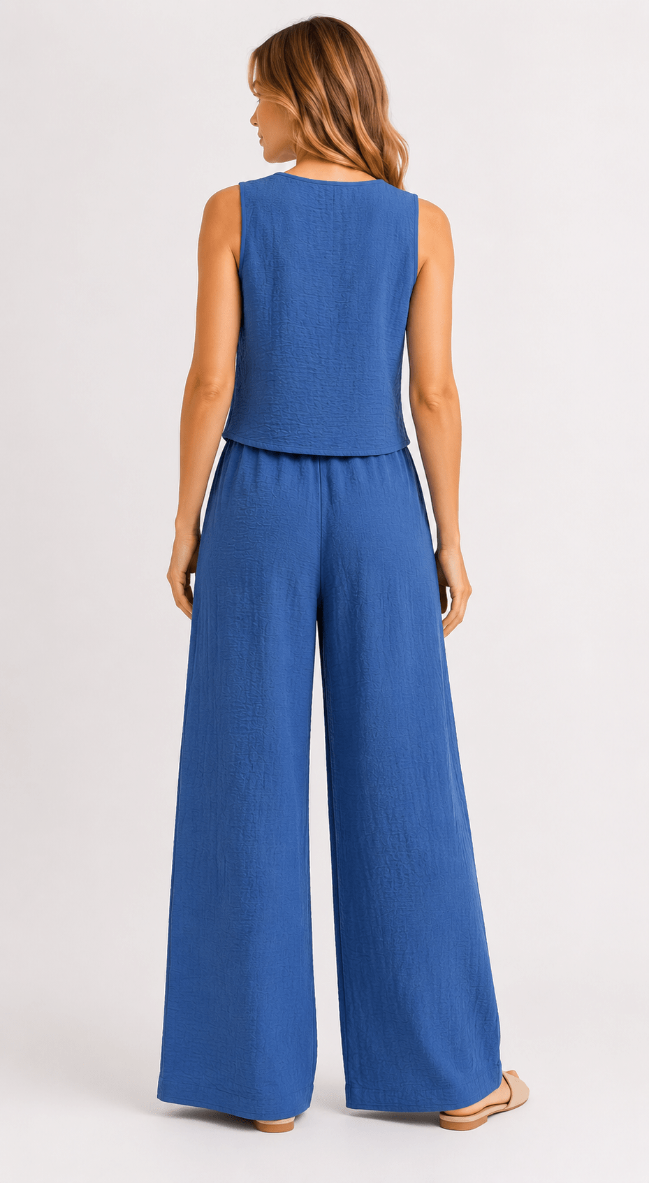 Women's Textured Button Camisole & Wide Leg Trousers Co-Ord Set Casual Two Piece Outfit - Edin London