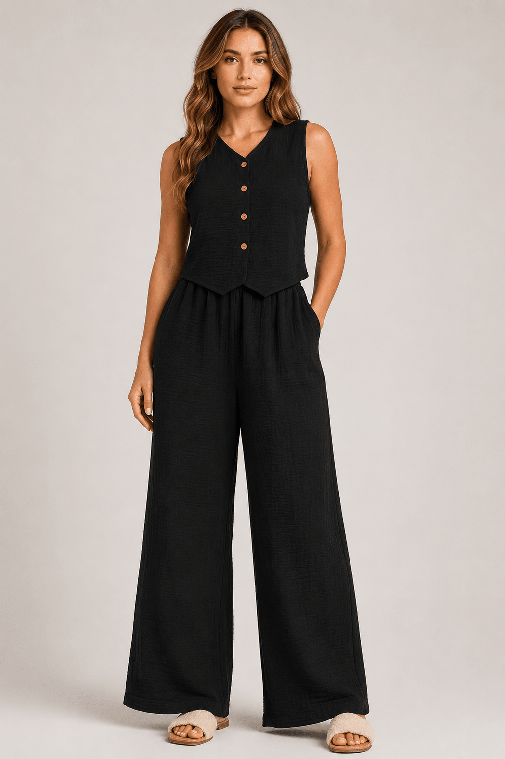 Women's Textured Button Camisole & Wide Leg Trousers Co-Ord Set Casual Two Piece Outfit - Edin London