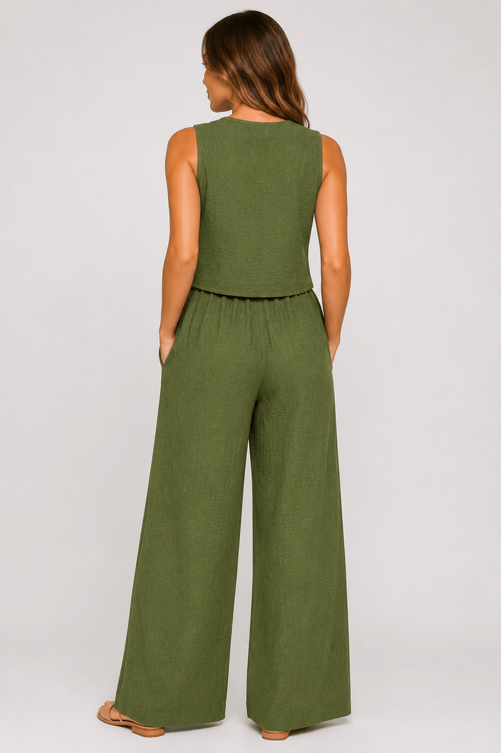 Women's Textured Button Camisole & Wide Leg Trousers Co-Ord Set Casual Two Piece Outfit - Edin London