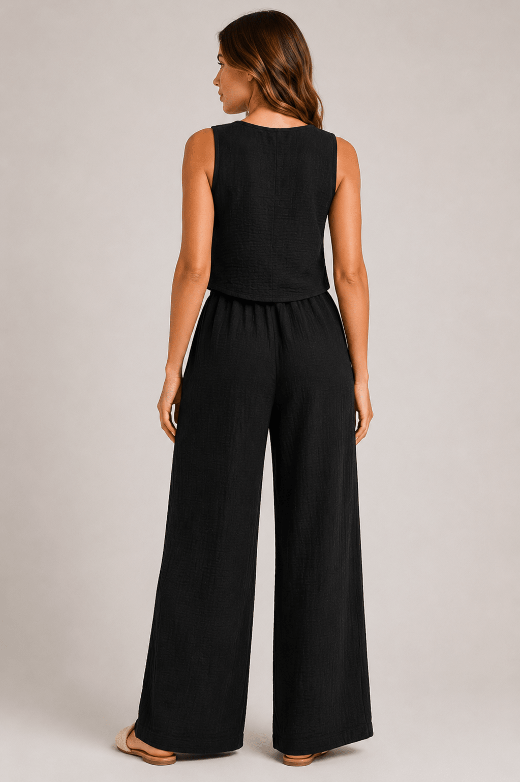 Women's Textured Button Camisole & Wide Leg Trousers Co-Ord Set Casual Two Piece Outfit - Edin London