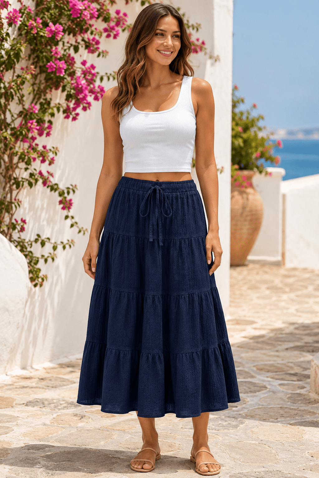 Women's Tiered Midi Skirt Casual High Waist Layered A Line Summer Vacation Skirt - Edin London