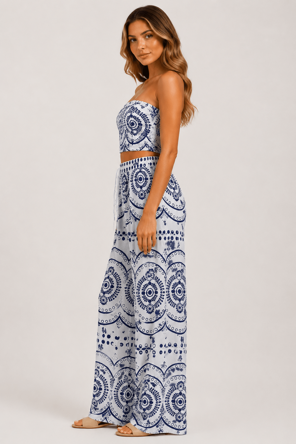 Women's Tropical Print Bandeau Top & Wide Leg Pants Co-Ord Set Summer Beach Holiday Two Piece Outfit - Edin London