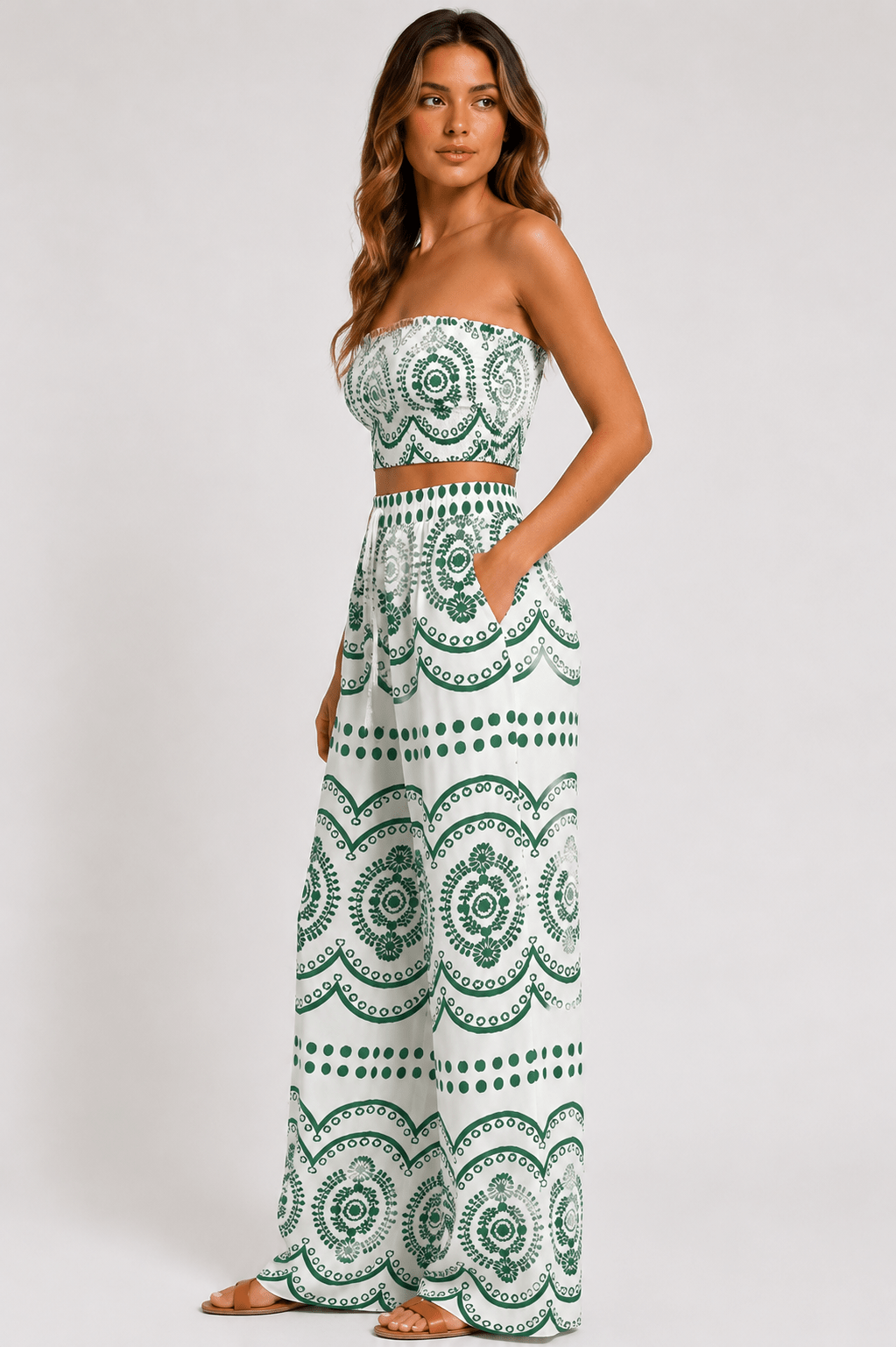 Women's Tropical Print Bandeau Top & Wide Leg Pants Co-Ord Set Summer Beach Holiday Two Piece Outfit - Edin London