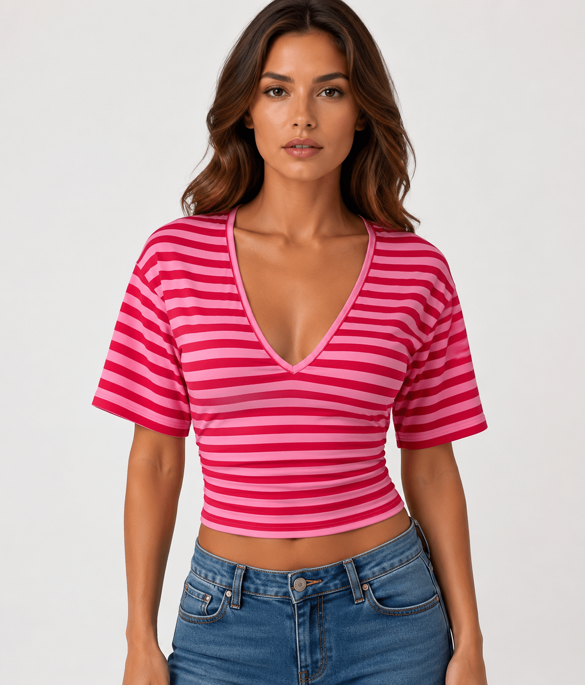 Women's V-Neck Pleated Waist Slim Fit Blouse Casual Summer Fashion Top - Edin London