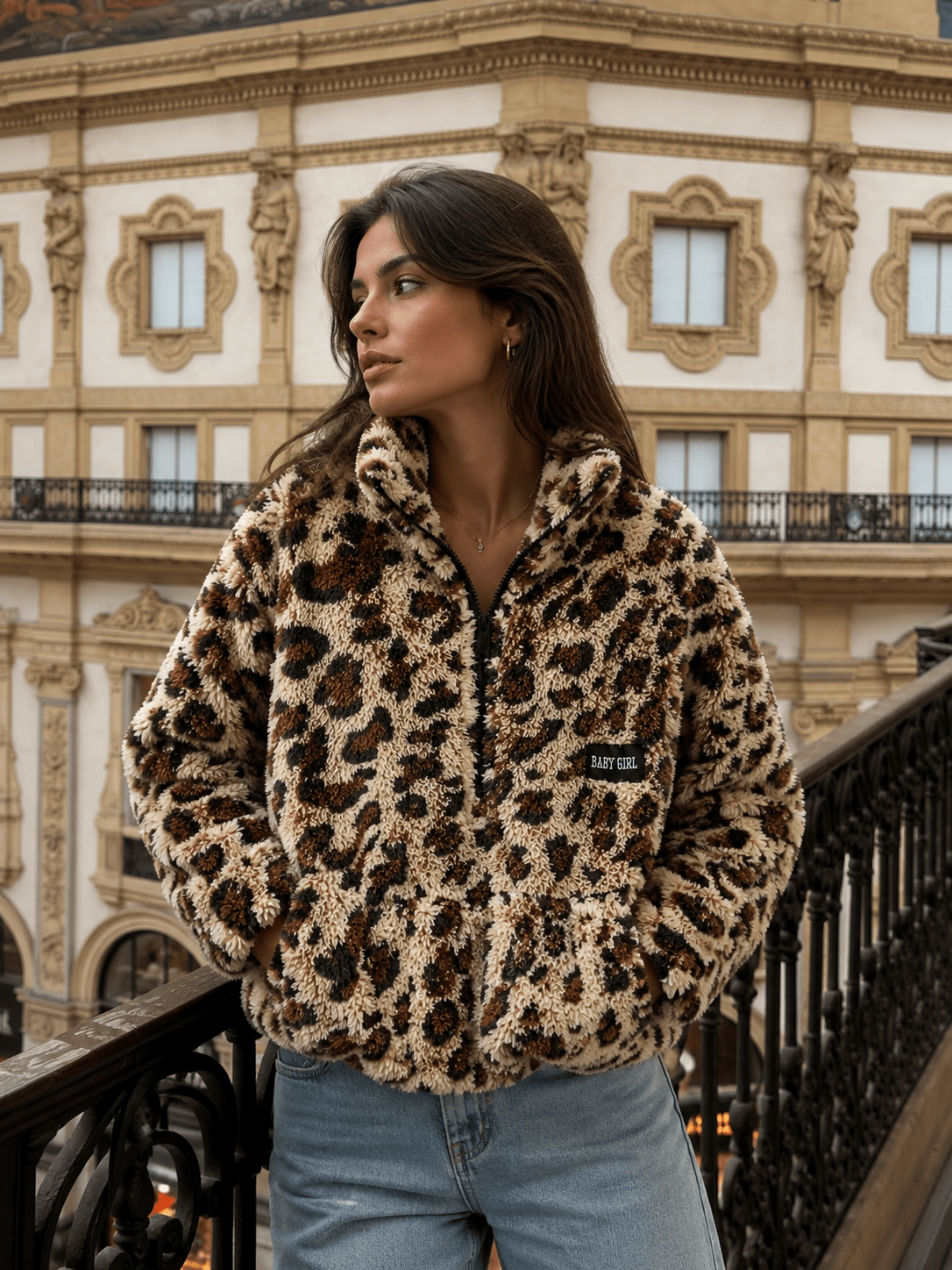 Women’s Warm Leopard Floral Sherpa Fleece Half Zip Drop Shoulder Pullover For Outings & Travel - Edin London