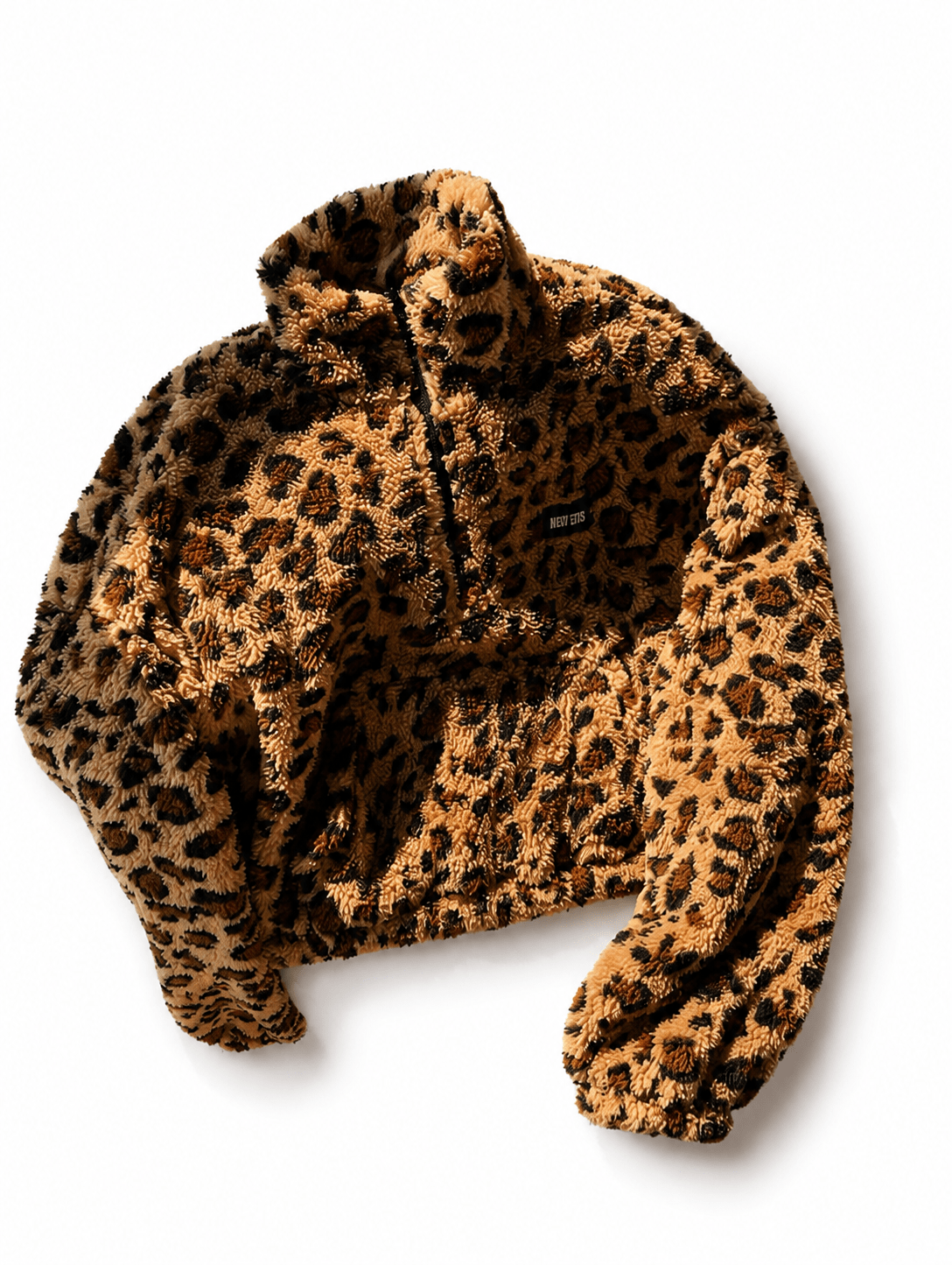 Women’s Warm Leopard Floral Sherpa Fleece Half Zip Drop Shoulder Pullover For Outings & Travel - Edin London