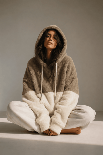 Women’s Warm Multi Color Sherpa Drop shoulder Fleece Color Block Hoodie For Winters Casual Relaxed Fit - Edin London