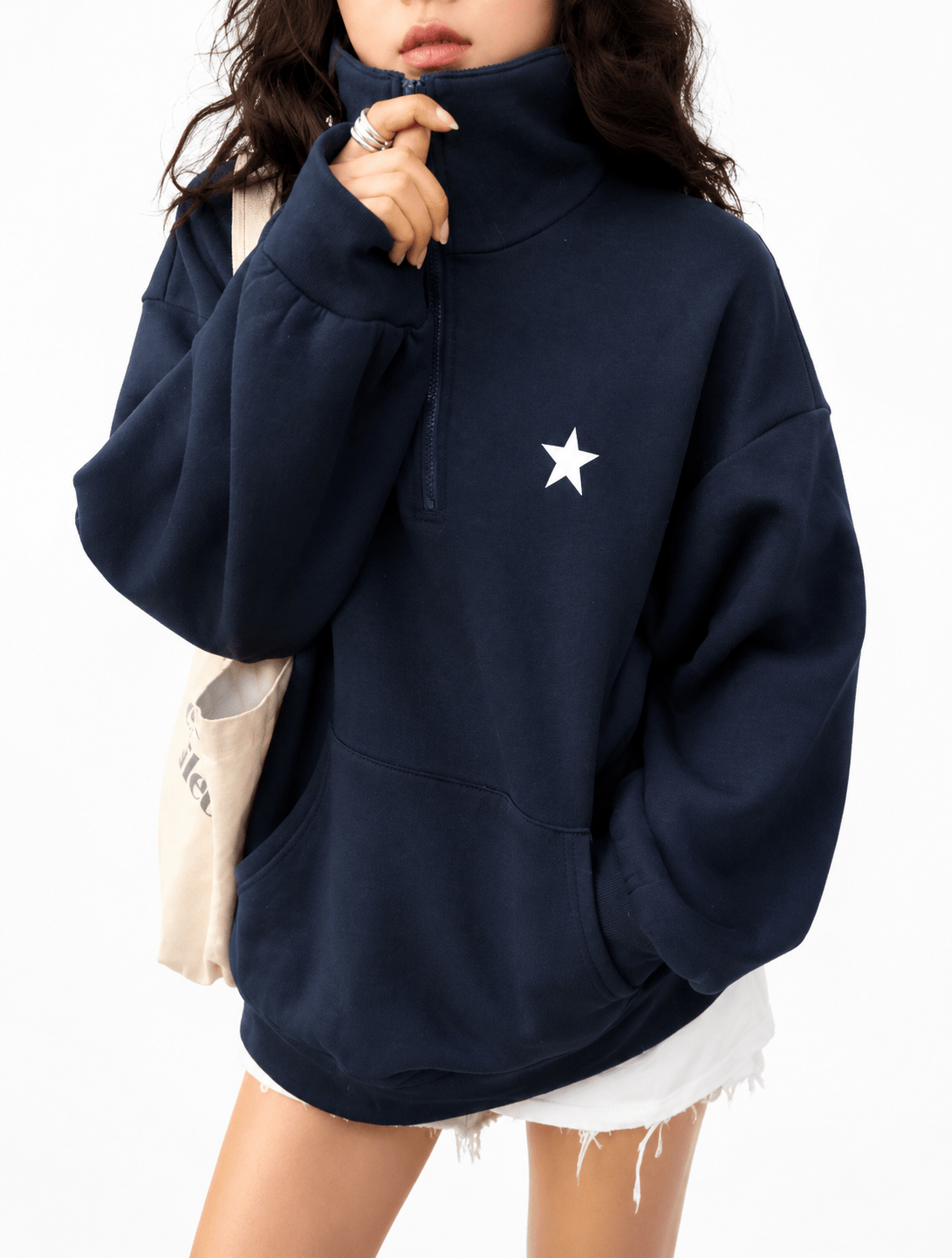 Women’s Warm Navy Blue Quarter Zip Fleece Hoodie With Star Detail Winters - Edin London