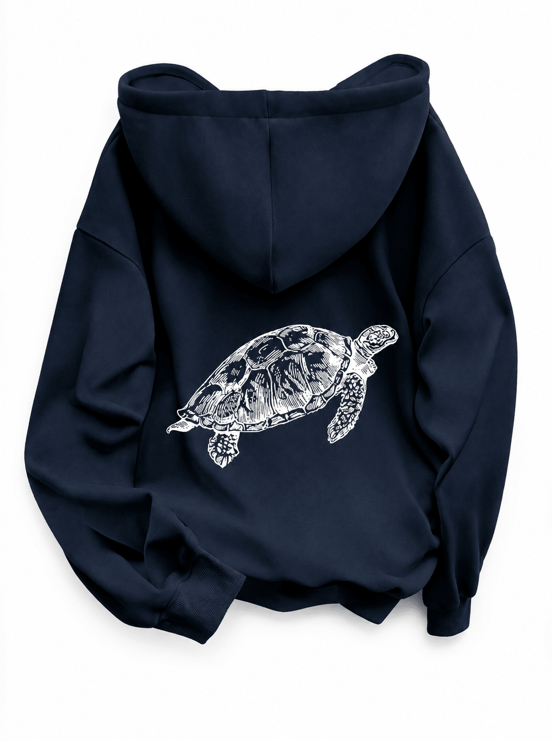 Women’s Warm Navy Blue Whote Oversized Pullover Hoodie With Turtle Graphic Travelling For Winters - Edin London