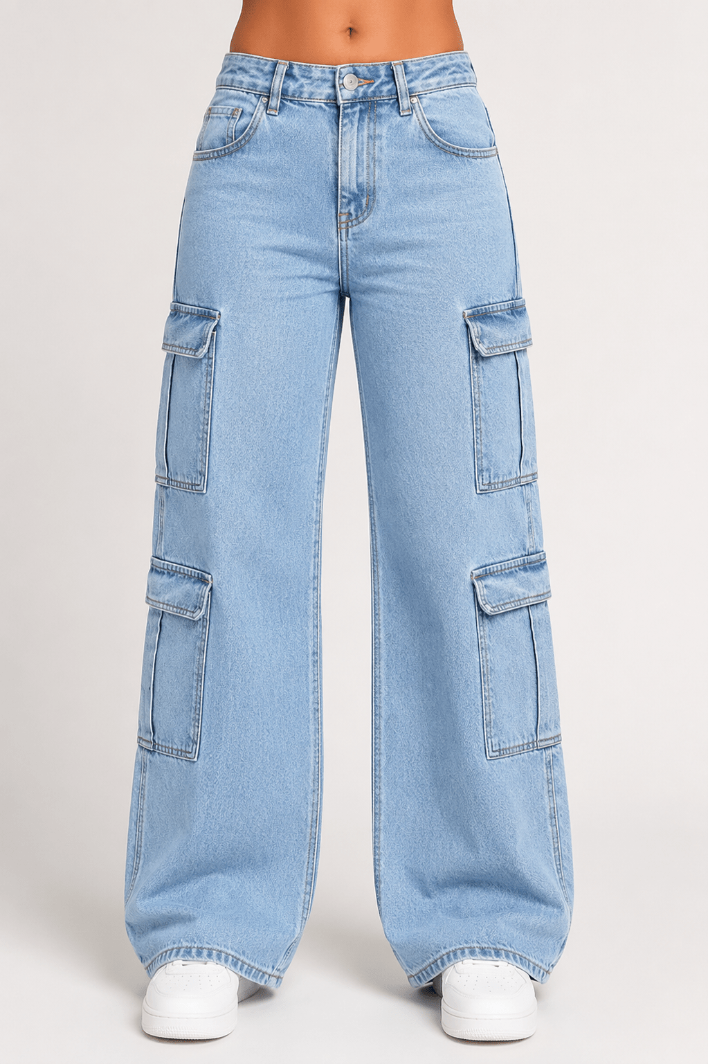 Women's Wide Leg Cargo Jeans High Waist Pocketed Utility Denim Pants - Edin London