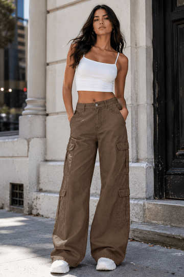 Women's Wide Leg Cargo Jeans High Waist Pocketed Utility Denim Pants - Edin London