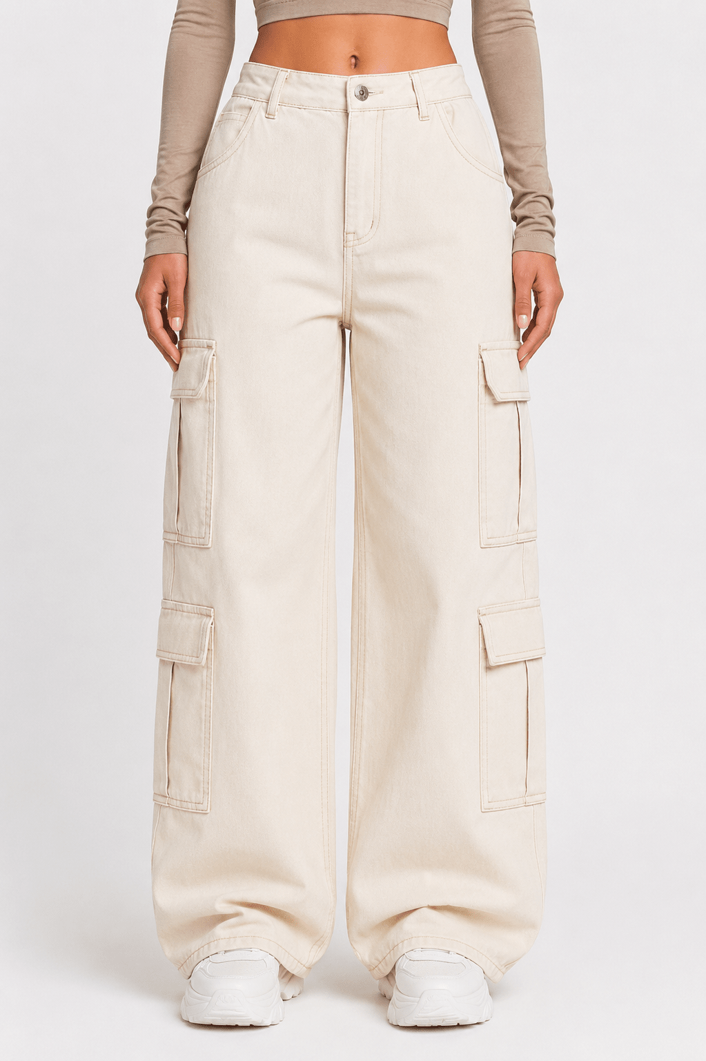 Women's Wide Leg Cargo Jeans High Waist Pocketed Utility Denim Pants - Edin London