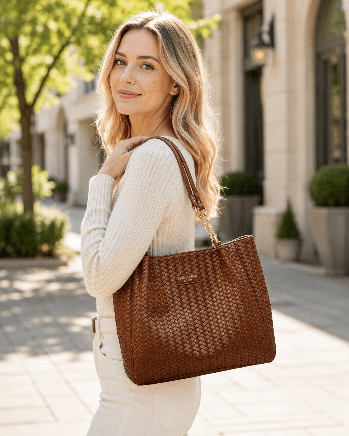 Women's Woven Texture PU Leather Tote Bag Large Capacity Shoulder Bag for Work, University & Daily Use - Edin London