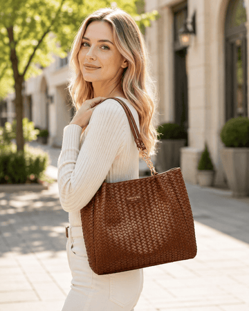 Women's Woven Texture PU Leather Tote Bag Large Capacity Shoulder Bag for Work, University & Daily Use - Edin London