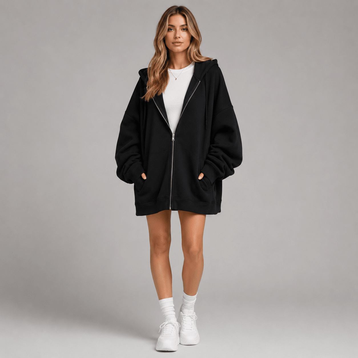 Women's Zip Lightweight Hooded Sweatshirt Loose Fit - Edin London