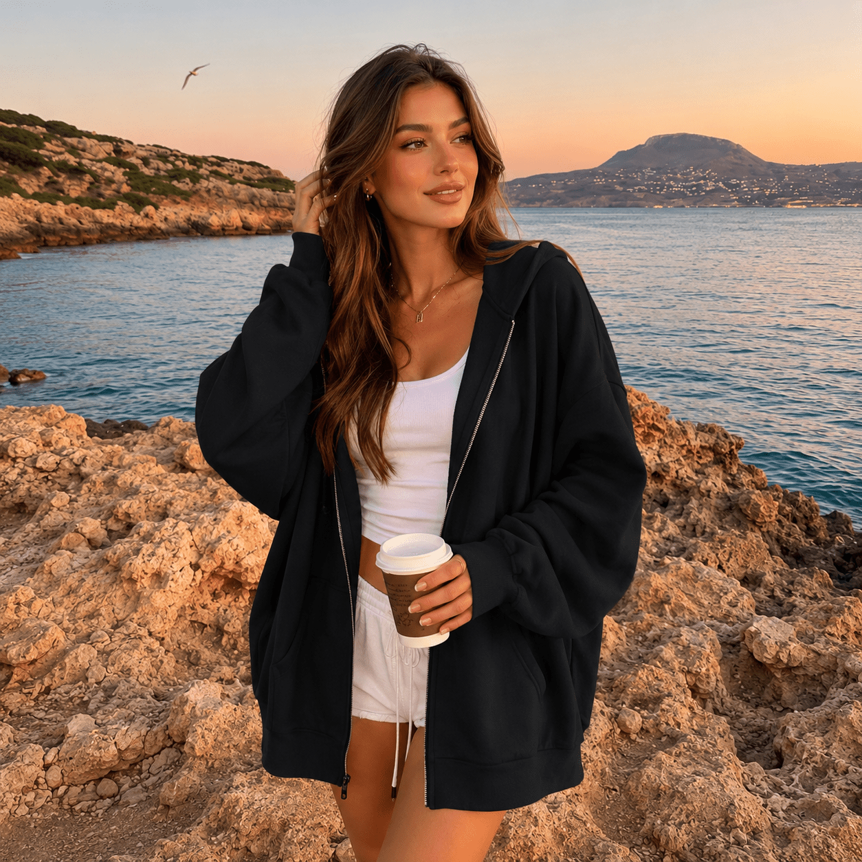 Women's Zip Lightweight Hooded Sweatshirt Loose Fit - Edin London